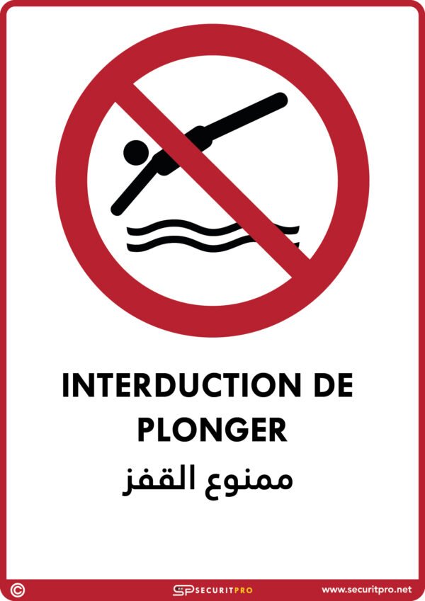 Panneau "Interdiction de plonger" | Signalétique aquatique bilingue FR/AR